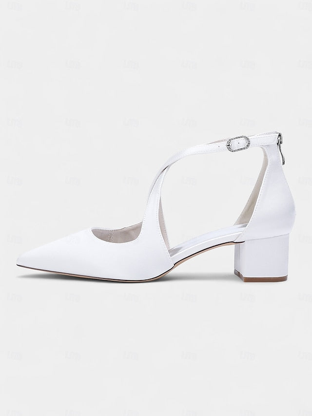 Elegant Heels Satin Toe Block Ivory Pointed Women's -