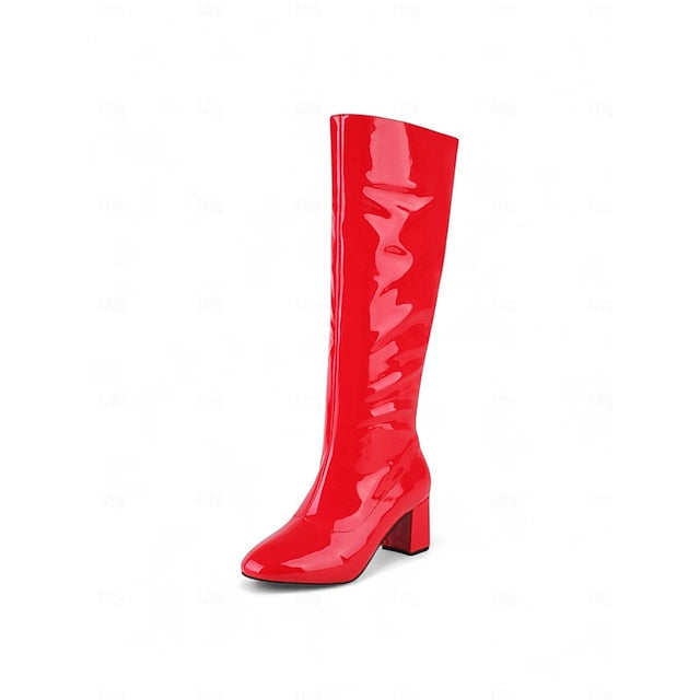 Red Patent High Knee Heel Boots Block Women's Leather with