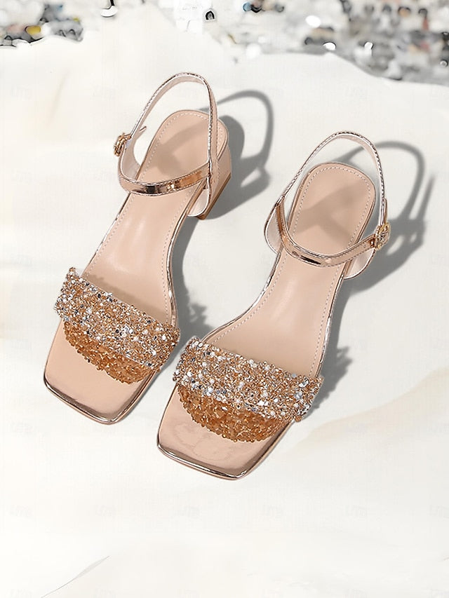 Heel Sandals – Elegant Wedding Gold Women Block Rhinestone for