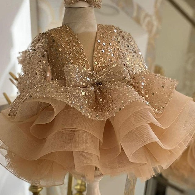 3/4 Kids Color Party Sleeve Length Dress Solid Girls'