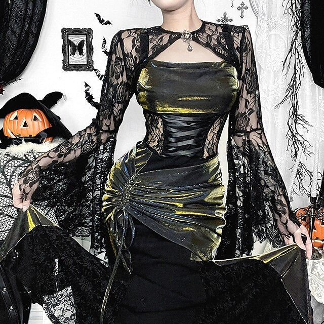 Gothic Maxi Dress Shrug Top Bell Sleeve Witch Morticia Addams