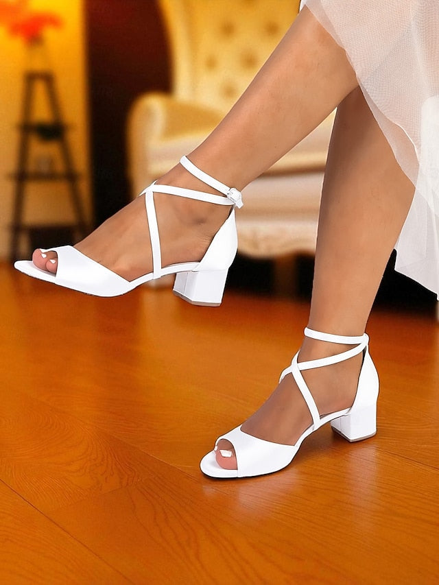 Ankle Strap Satin - with Block Heel Sandals Elegant Women's