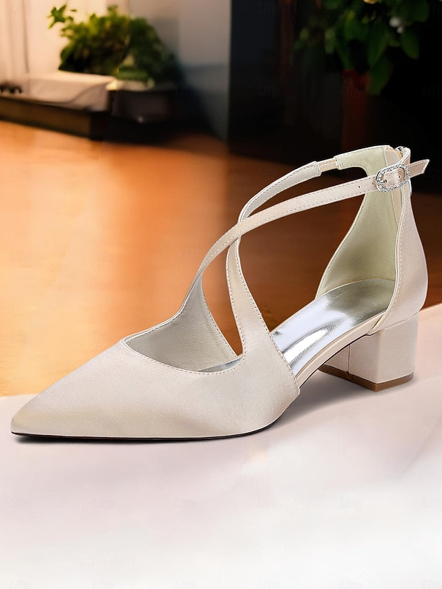 Elegant Ivory Heels Satin Block Pointed Women's Toe -