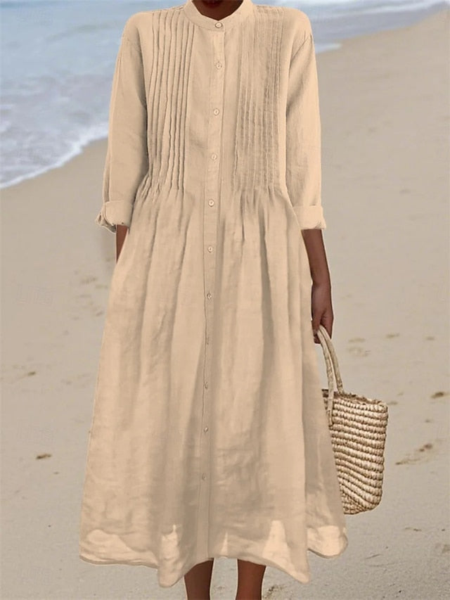 Women's Midi Dress Shirt Dress Cotton Linen Dress Fashion