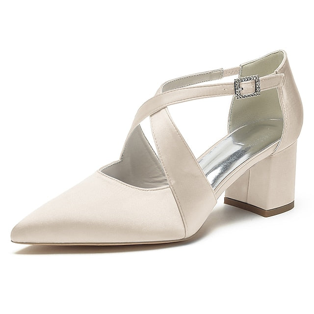 Heels Elegant Women's Pointed – White Toe Block Satin