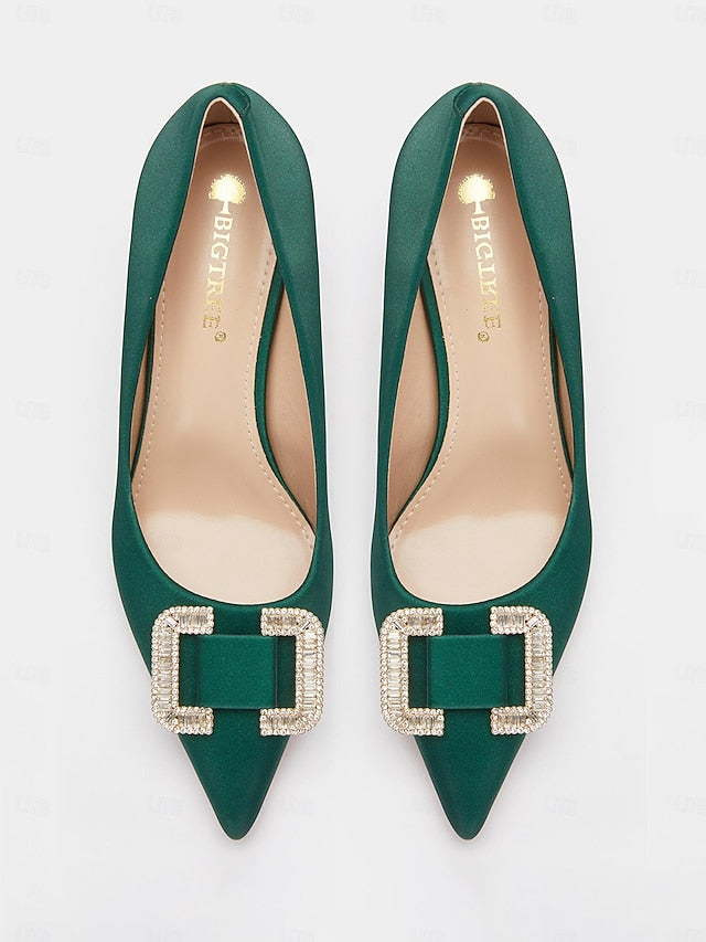 with for Buckle Women: Green Pumps Elegant Rhinestone Satin