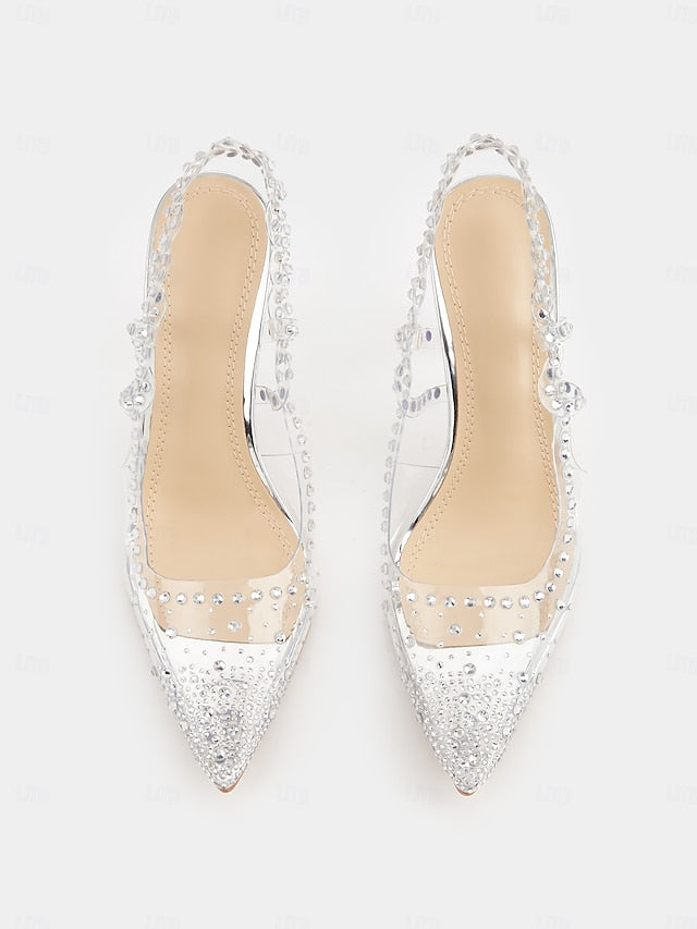 Toe with Heels Slingback Women's Pointed Rhinestone Clear