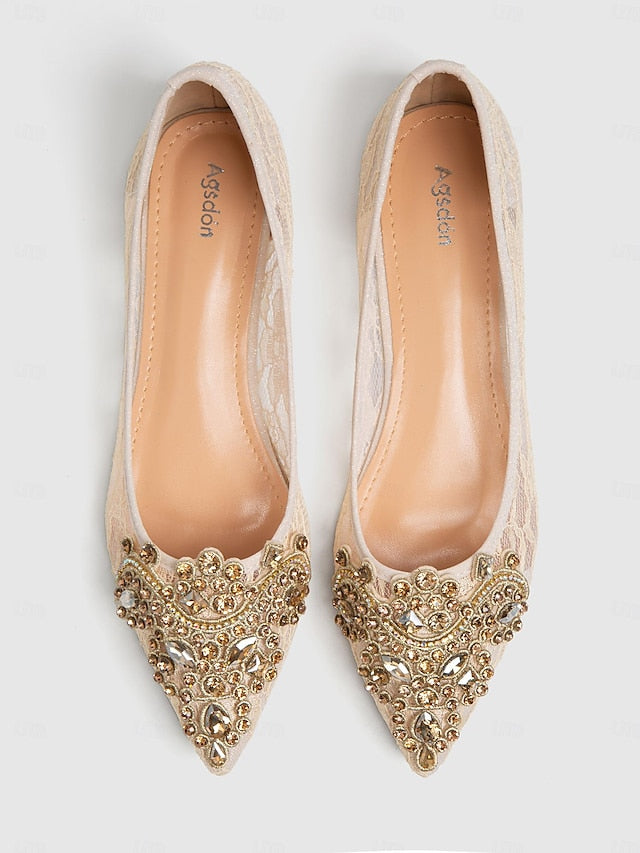 Beige Lace Women's Elegant Ornate Ballet with Flats