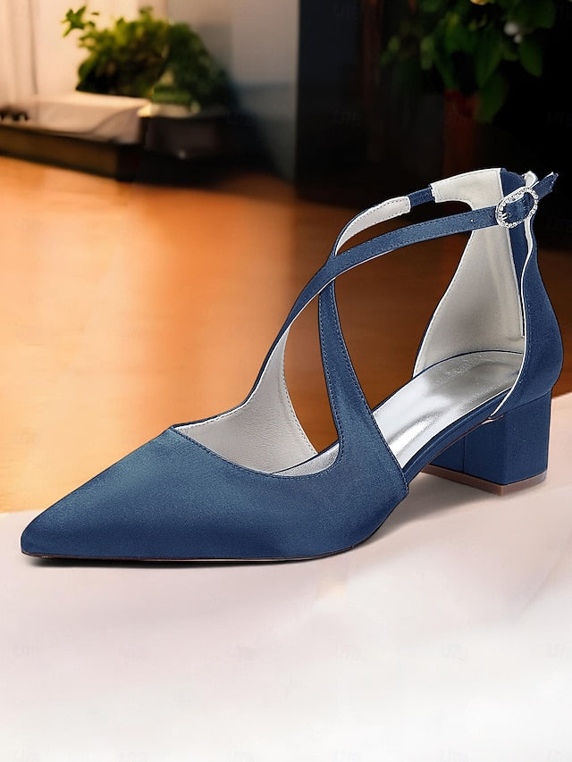 Elegant Heels Satin Toe Block Ivory Pointed Women's -