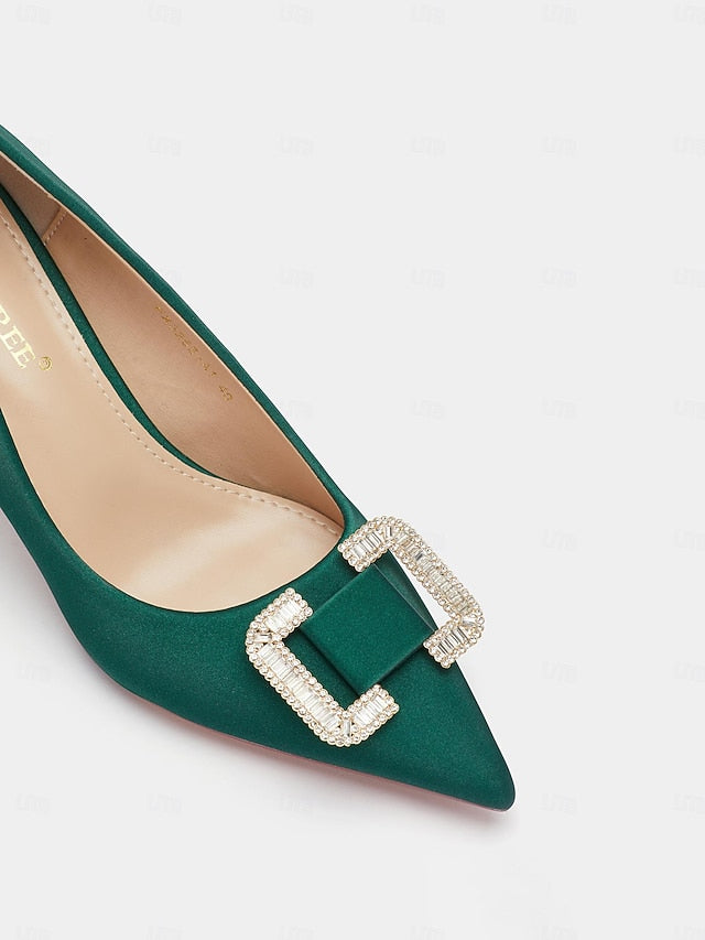 with for Buckle Women: Green Pumps Elegant Rhinestone Satin