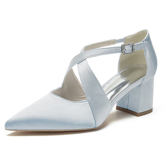 Heels Elegant Women's Pointed – White Toe Block Satin