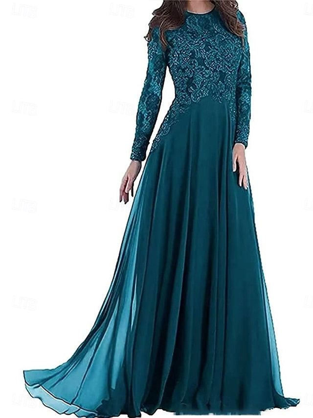 Dress Floor Bride A-Line the of Mother Elegant Crew Party Neck