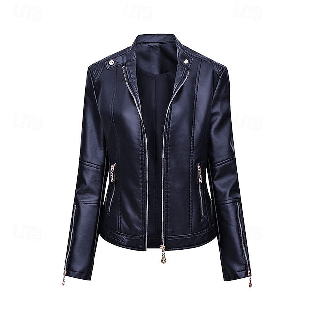 Women's Zipper Pocket Comfortable Jacket Leather Faux