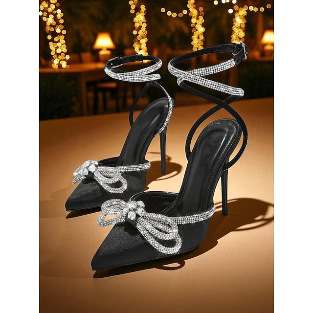 Bow Women's with Stiletto Black Satin Rhinestone Heels and