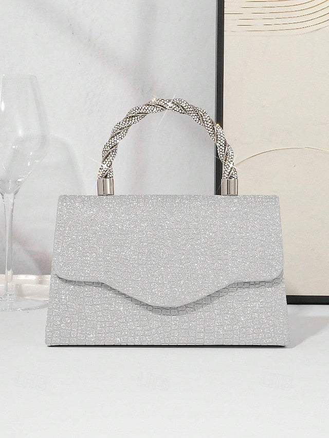 Silver Handbag Glitter Women's – Rhinestone Handle with