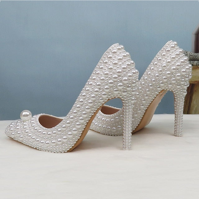 Set White Pearl Heels Pearl-Embellished Purse Stiletto and Round