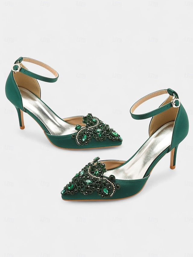 Ankle – Green Emerald Women's Heels Satin Strap Pointed