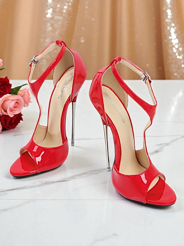Heels Open Women's - Stiletto Red Patent Leather Strappy