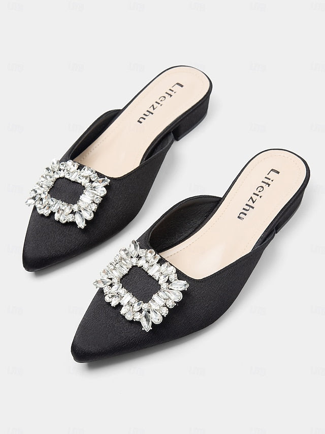 Women's Mules with Black Rhinestone Pointed-Toe Satin