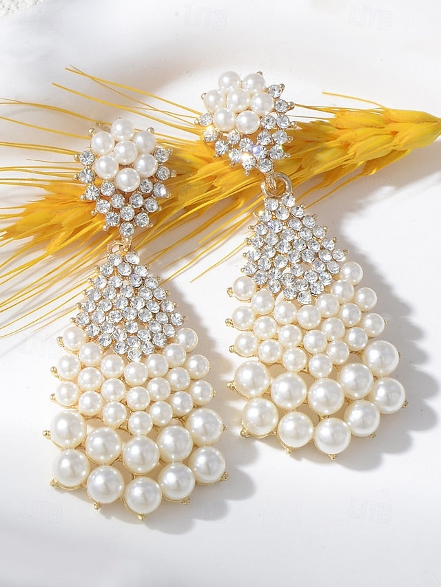 Earrings Elegant Pearl and Faux Rhinestone – Vintage Drop