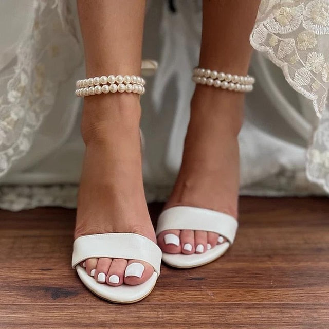 with Heels Anklet Satin Block Sandals White Wedding - Pearl and