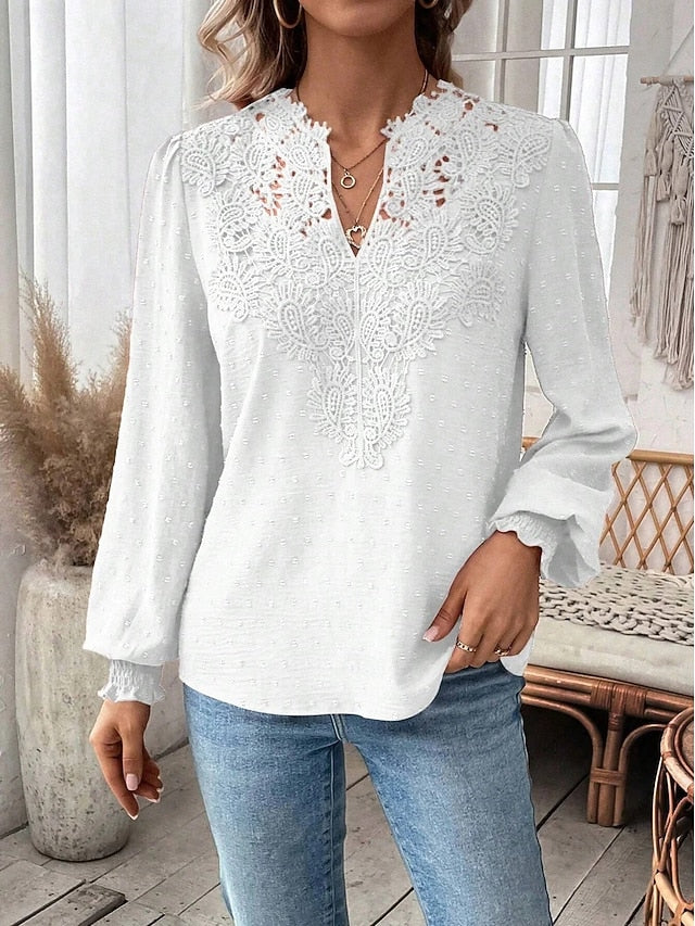 Women's Shirt Blouse Solid Color Basic Casual Long Sleeve V