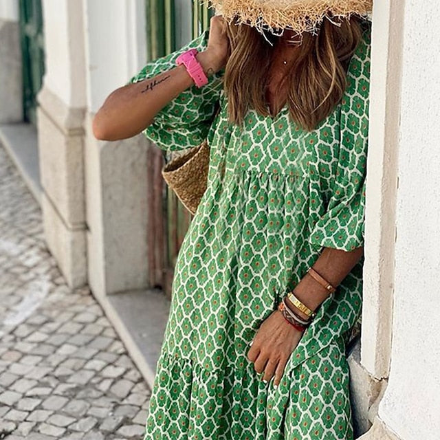 Women's Long Dress Boho Chic Dress Green 3/4 Length Sleeve