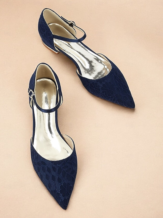 and Navy Women's with Ankle Blue Pointed Flats Strap Lace