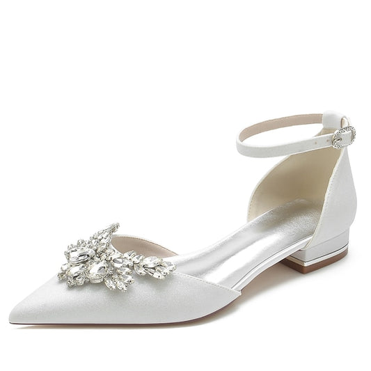 Design Rhinestone White Flats Satin Women's Floral with –