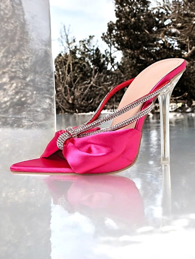 Heeled Pink – Women's Rhinestone Sandals Satin Bow Hot