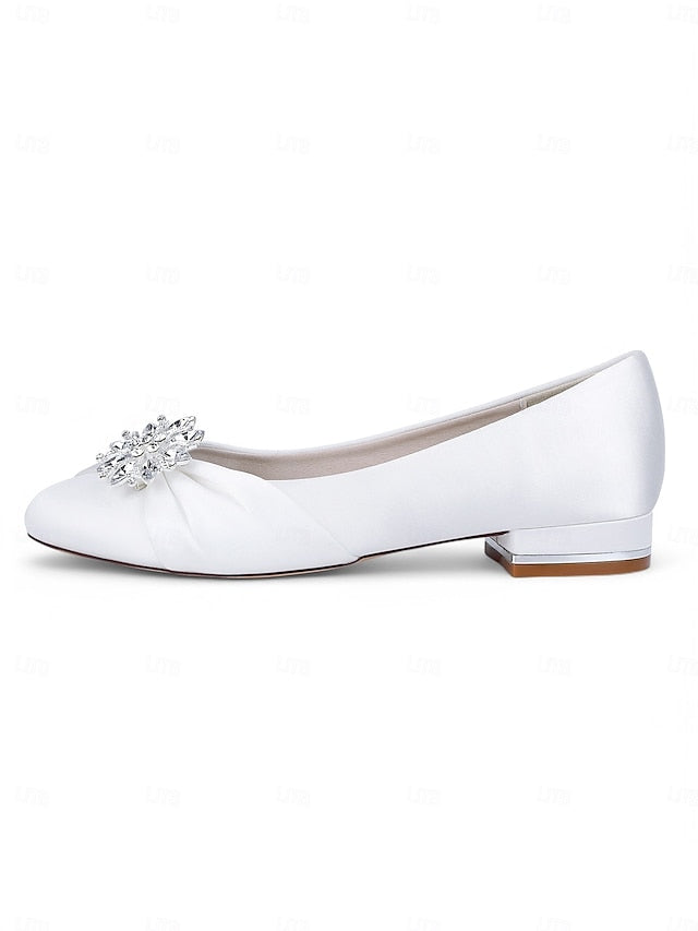 Women's – Elegant White Crystal Flats Wedding Satin