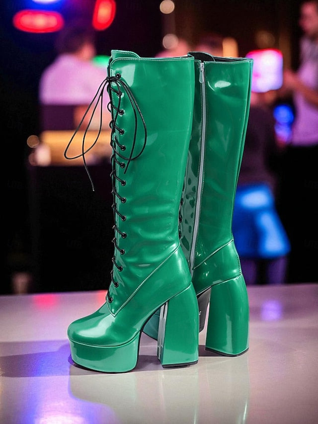 Women's - Lace-Up Silver Platform High Boots Knee Metallic