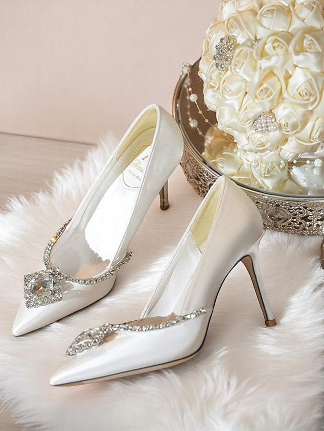 Satin with Heels Crystal Wedding Toe Women's Pointed White