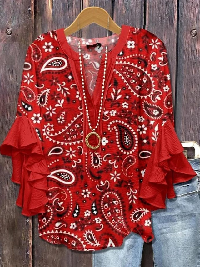 Women's Retro Blouse Layered Ruffle Sleeve Tops Vintage