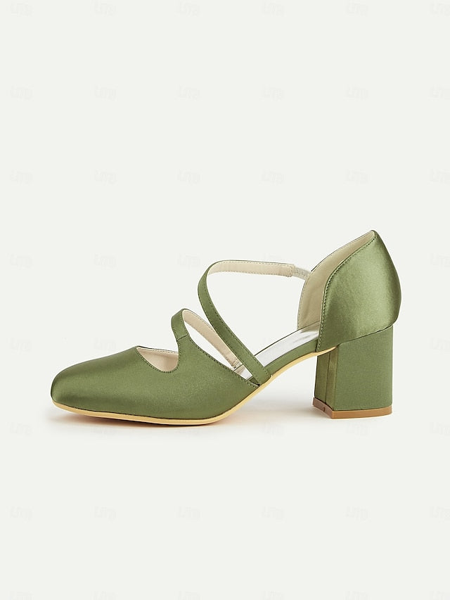 – Women's Mary Jane 1950s Heels Satin Green Elegant Block