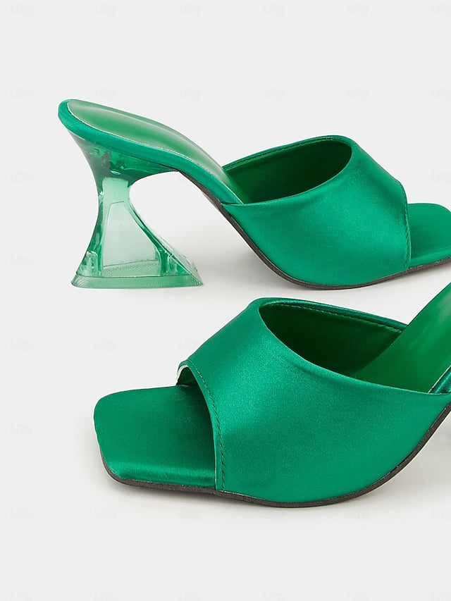 Heels Block Open-Toe for with Satin Green Mules Transparent