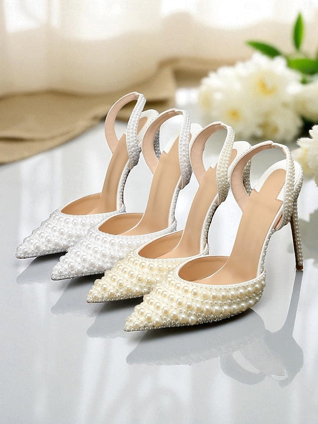 Slingback Pearl-Embellished Heels Women's Leather White -