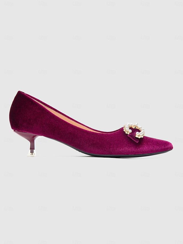 Women's Burgundy Kitten Bow Pumps Heel with Velvet - Pearl