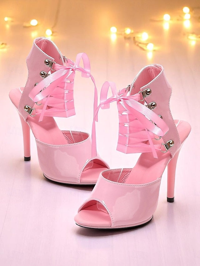 Women's Black Lace-Up Stiletto Sexy Patent Cutout - Sandals