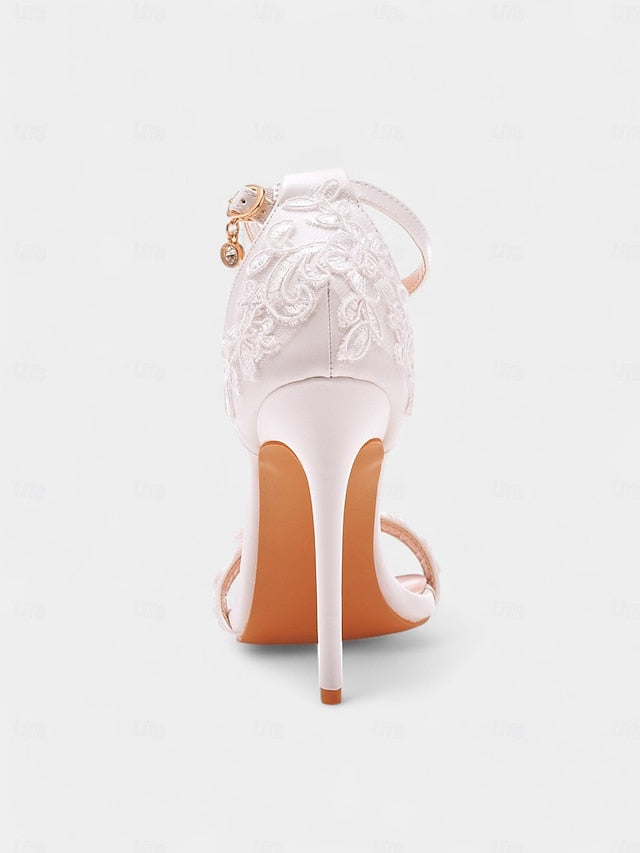 Women's White Wedding with Lace Ankle Heels Stiletto Strap