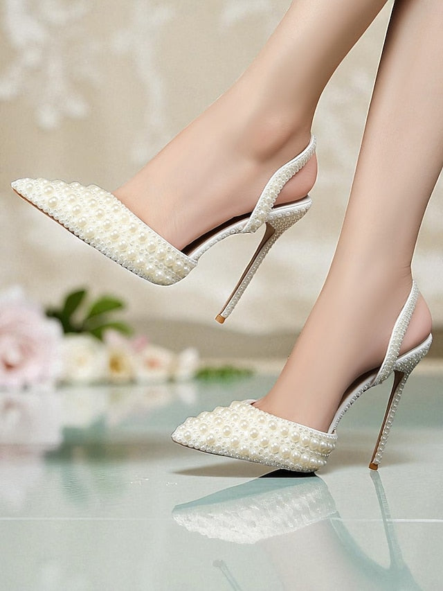 Heels Pearl-Embellished Leather Slingback White Women's -