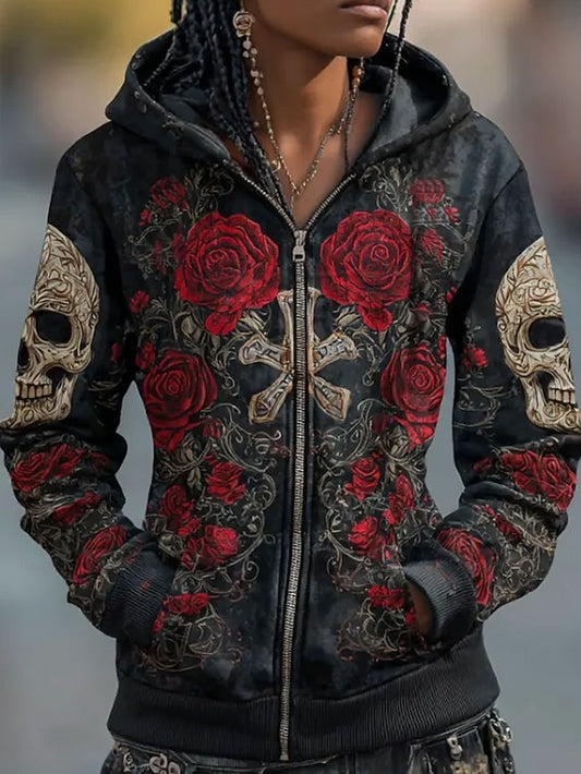 Women's Zip Up Hoodies Skulls Graphic Rose Fashion Casual