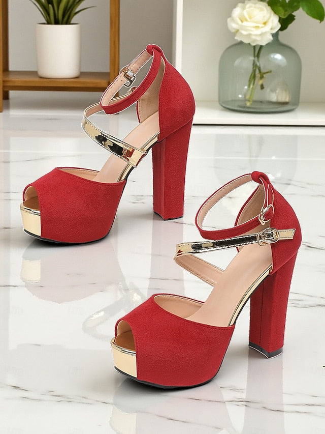 - Toe Platform Block Red Sandals Suede Women's Heel Peep