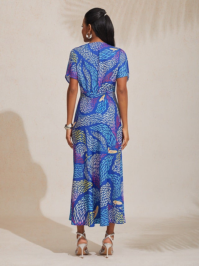 Satin Abstract Block Print Maxi Dress Vacation Party
