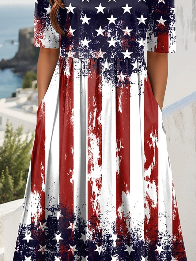 Women's Patriotic  Midi Dress Summer Dress Pleated Dress