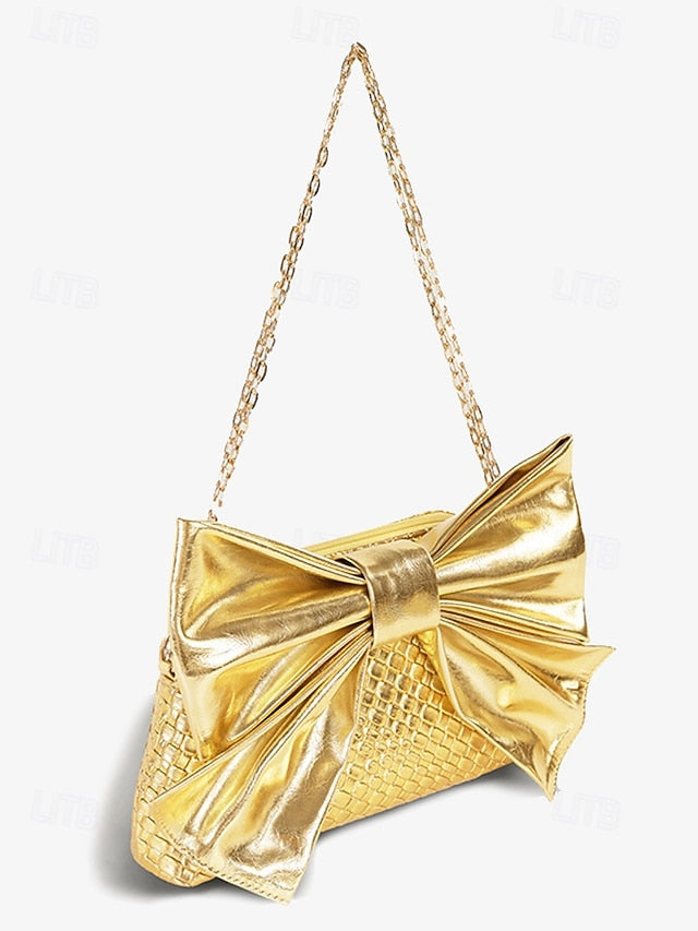 Gold Bow Oversized Women&#39;s with Bag Faux Clutch Leather
