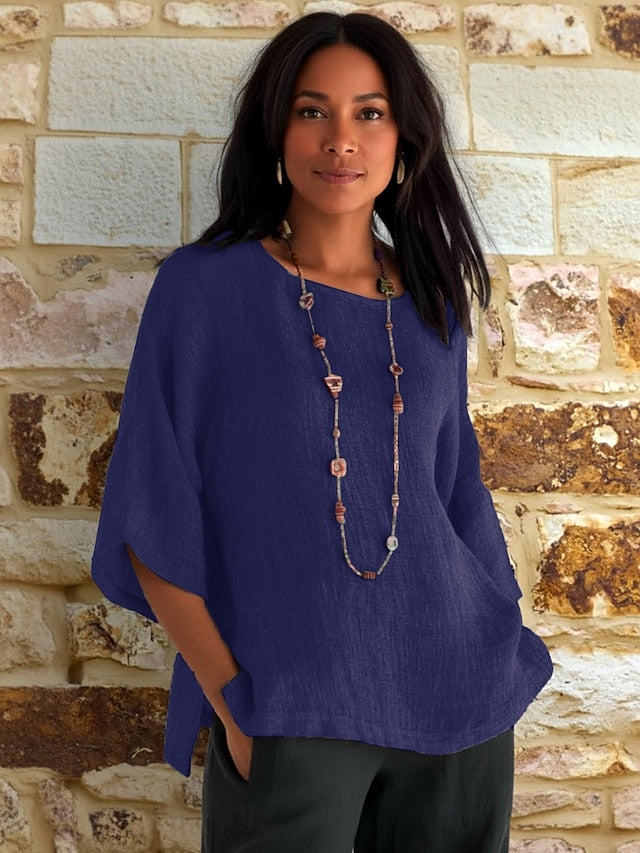 Women's Blouse Cotton Shirt Plain Vintage Stylish 3/4