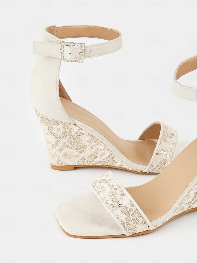 Stylish Lace White Sandals Heel – Strap Ankle Women Wedge for