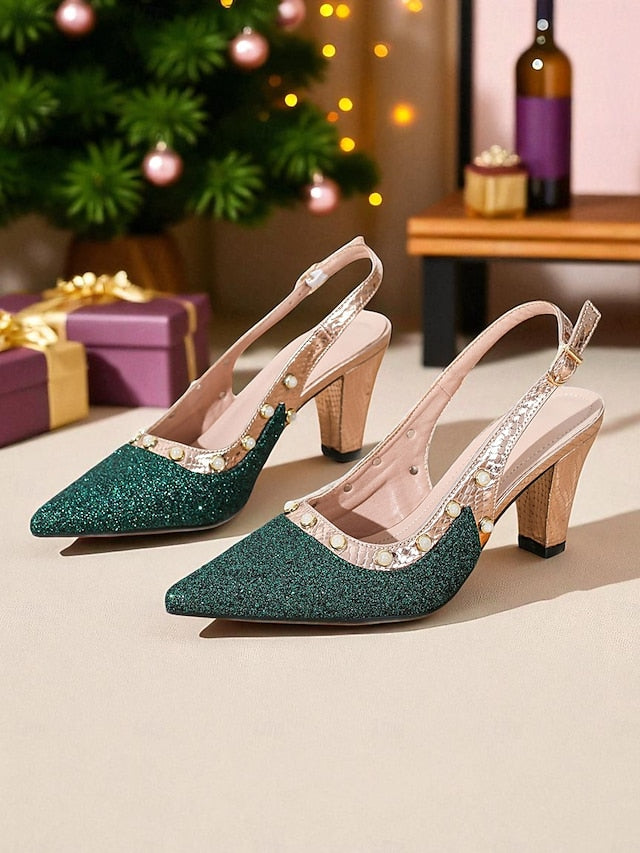 Women's Slingback Gold Heels with Strap High Glitter Green
