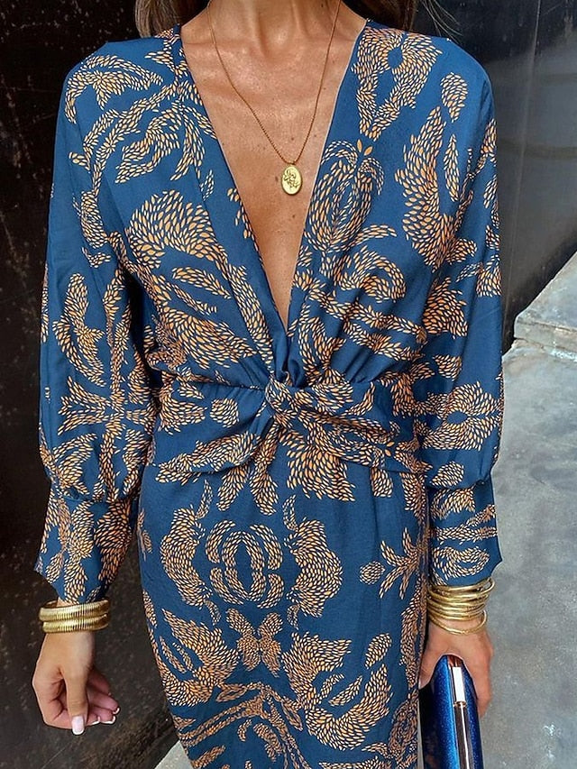 Women's Graphic Print V Neck Maxi Dress Long Sleeve Spring